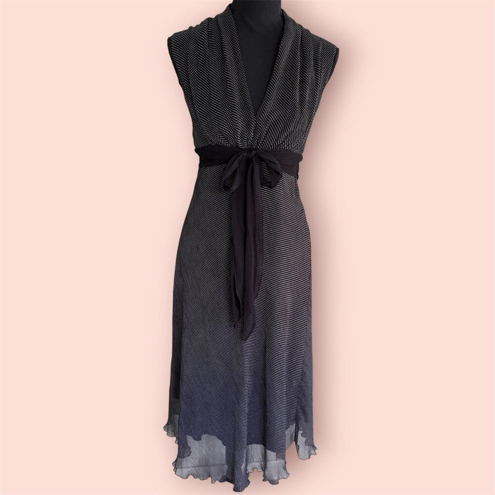 Vtg Y2K Polka Dot Sheer Fairy Knee Length Dress Sz 8 Babydoll Chiffon Black Twee
